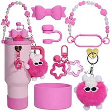 7-Piece Tumbler Accessory Set, Suitable For 30oz/40oz Cups, Includes 10mm Straw Lid, Bow Decor, Pearl Handle Chain, Heart Charm, Plush Ball, Star Pendant, Silicone Sleeve, Cute Student Style Decorations, Suitable For Women, Fashion Accessories, Gifts, Souvenirs, Valentine's Day, Back To School, Graduation, Outdoor Activities Like Camping - Multicolor - View 15