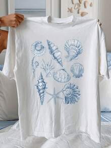 Conjunto de conchas marinas y estrella de mar que evocan la serenidad del océano y el recuerdo de la brisa costera camiseta de mujer casual cómoda para verano playa - Blanco - Ver 8