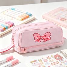 Pink Girl Bowknot Large Capacity Double Pencil Case, School Bag, Large-Capacity Multi-Layer Pencil Case, Back To School Supplies School Essentials Perfect For Student - Multicolor - View 2