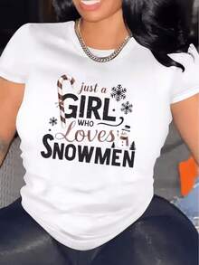 Dulce estampado con bastón de caramelo copos de nieve y muñeco que simboliza amor por el invierno y alegría festiva camiseta de mujer casual cómoda para uso diario - Blanco - Ver 8