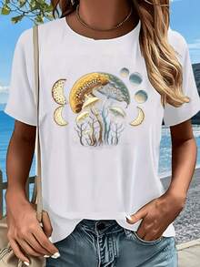 Hongos místicos representando la conexión entre la naturaleza y la luna con tonos dorados y azules que evocan equilibrio y renovación camiseta de mujer cómoda para uso diario y paseos junto al mar - Blanco - Ver 1