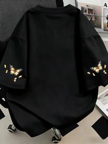 向日葵蝴蝶印花圓領T恤，大尺碼女款上衣黑色 - 黑色 - 查看 2