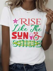 Inspirational Phrase Encouraging You To Shine With Positive Energy At Dawn, Accompanied By Star Symbols And A Colorful Ice Cream Cone. Modern And Fresh Casual Women's T-Shirt - 白色 - 查看 8