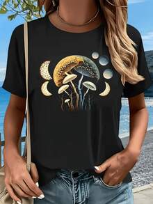 Mystical Mushrooms Representing The Connection Between Nature And The Moon With Golden And Blue Tones That Evoke Balance And Renewal. Comfortable Women's T-Shirt For Everyday Wear And Walks By The Sea. - 黑色 - 查看 8