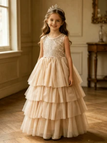 Girls Sequin Sleeveless Dress, Children's Princess Dress, Summer Wedding Party Cake Dress, Long Dress - Champagne - View 3