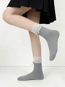 1/4 Pair Lace Patchwork Bow Ballet Style Mid-Calf Socks, Summer - Multicolor - View 7