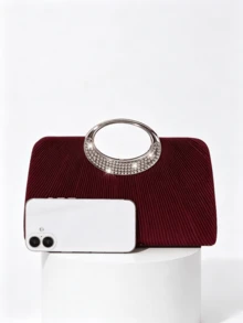 Burgundy Pleated Evening Clutch Bag - Rhinestone Ring Handle, Suitable For Weddings, Galas And Parties - Burgundy - View 3