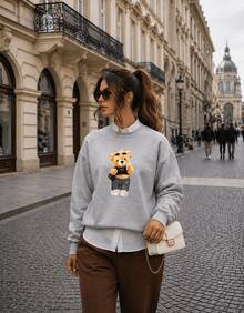 Women's Bear Blogger Style Crew Neck Sweatshirt (No Hood) - Winter - Grey - View 1