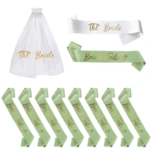 Sage Green Bachelorette Sash Set With Veil 11-Pack Elegant Bride & Bride Tribe Sashes For Wedding Party & Team Brid Gift Decorations - Style 1 - View 11