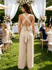 Champagne Beige Halter Jumpsuit, Linen Textured Wide Leg Romper, Elegant Outfit For Wedding Guest, Date Night & Holiday - White - View 6