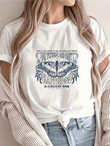 Mariposa colorida con mensaje inspirador que representa la búsqueda de la felicidad y la energía positiva en la vida diaria camiseta de mujer casual moderna cómoda para verano - Blanco - Ver 1