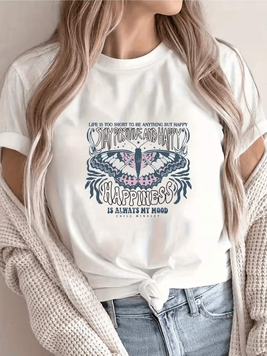 Mariposa colorida con mensaje inspirador que representa la búsqueda de la felicidad y la energía positiva en la vida diaria camiseta de mujer casual moderna cómoda para verano - Blanco - Ver 1