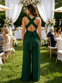 Dark Green Halter Backless Jumpsuit, Linen Textured Wide Leg Romper, Elegant Outfit For Wedding Guest, Summer Party & Brunch - Green - View 5