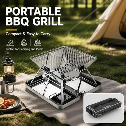Juego de parrilla de carbón portátil, rejilla de barbacoa plegable, parrilla pequeña, parrilla de acero inoxidable ligera para encimera con bolsa de transporte, adecuada para exteriores, barbacoa, cocina, picnic, jardín