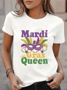 Festive Mask With Purple, Green, And Gold Feathers Representing The Joy Of Carnival And The Energy Of Celebration, With Sparkling Bead Details And A Royal Crown. Modern Casual Women's T-Shirt - 白色 - 查看 8