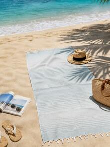 100% Cotton Turkish Beach Towel - Striped Peshtemal with Tassels- Quick-Dry & Soft Boho Beach Blanket - 淺藍色 - 查看 6