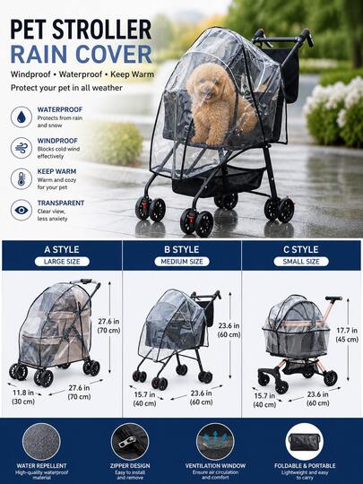 Tấm che mưa cho xe đẩy thú cưng, chống thấm nước và chắn gió, trong suốt, phù hợp với xe đẩy chó và mèo, nhiều kích cỡ, bảo vệ mọi thời tiết, giữ ấm, chống bụi, dễ lắp đặt, có thể gấp gọn, bền chắc, phụ kiện thiết yếu cho thú cưng khi đi du lịch ngoài trời.