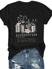 Women's T-Shirt With White Flowers And Green Leaves Symbolizing Inner Peace And A Love Of Reading. A Comfortable And Modern Casual T-Shirt For Book Lovers. - 黑色 - 查看 1