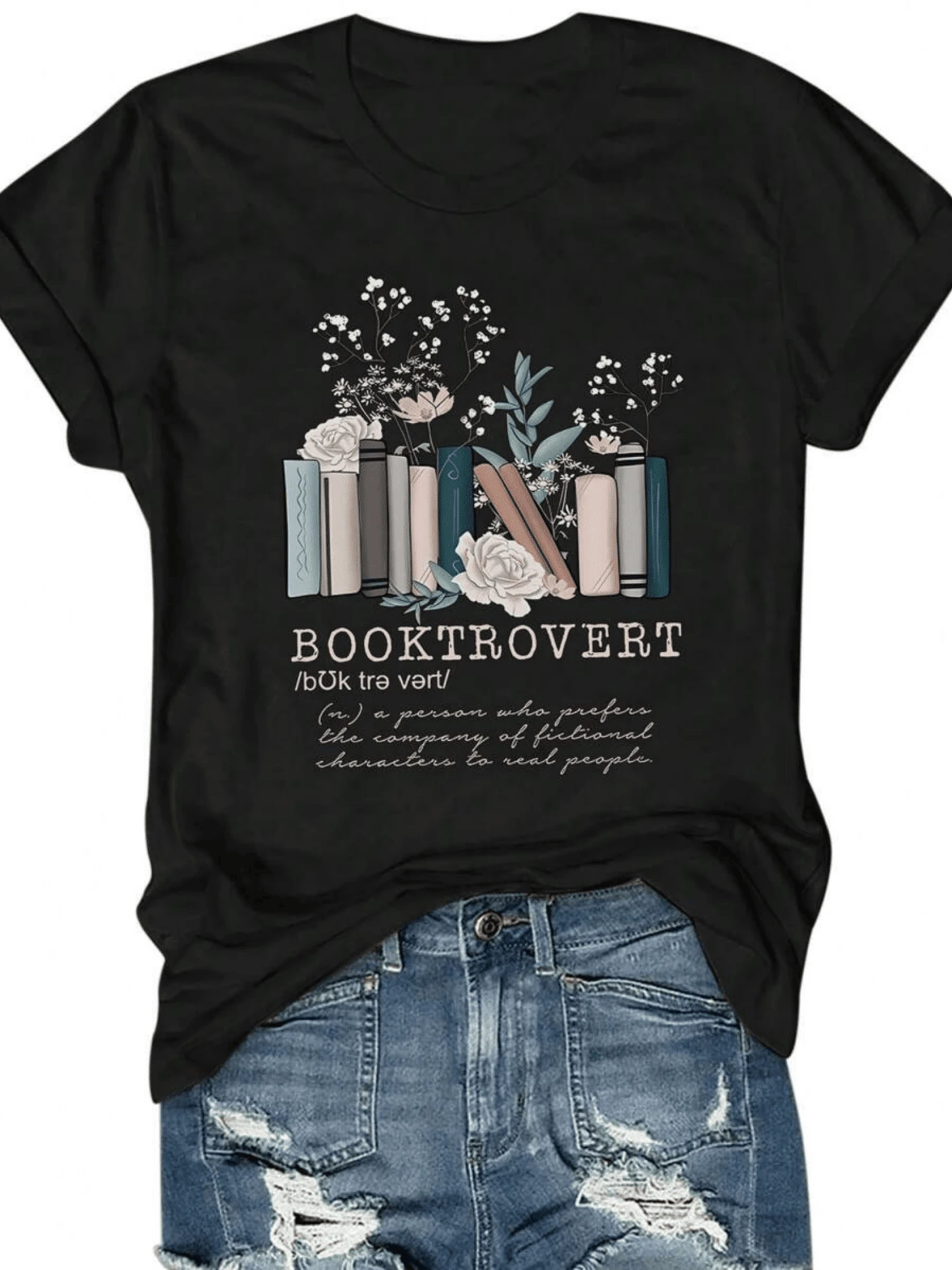 Women's T-Shirt With White Flowers And Green Leaves Symbolizing Inner Peace And A Love Of Reading. A Comfortable And Modern Casual T-Shirt For Book Lovers. - 黑色 - 查看 1