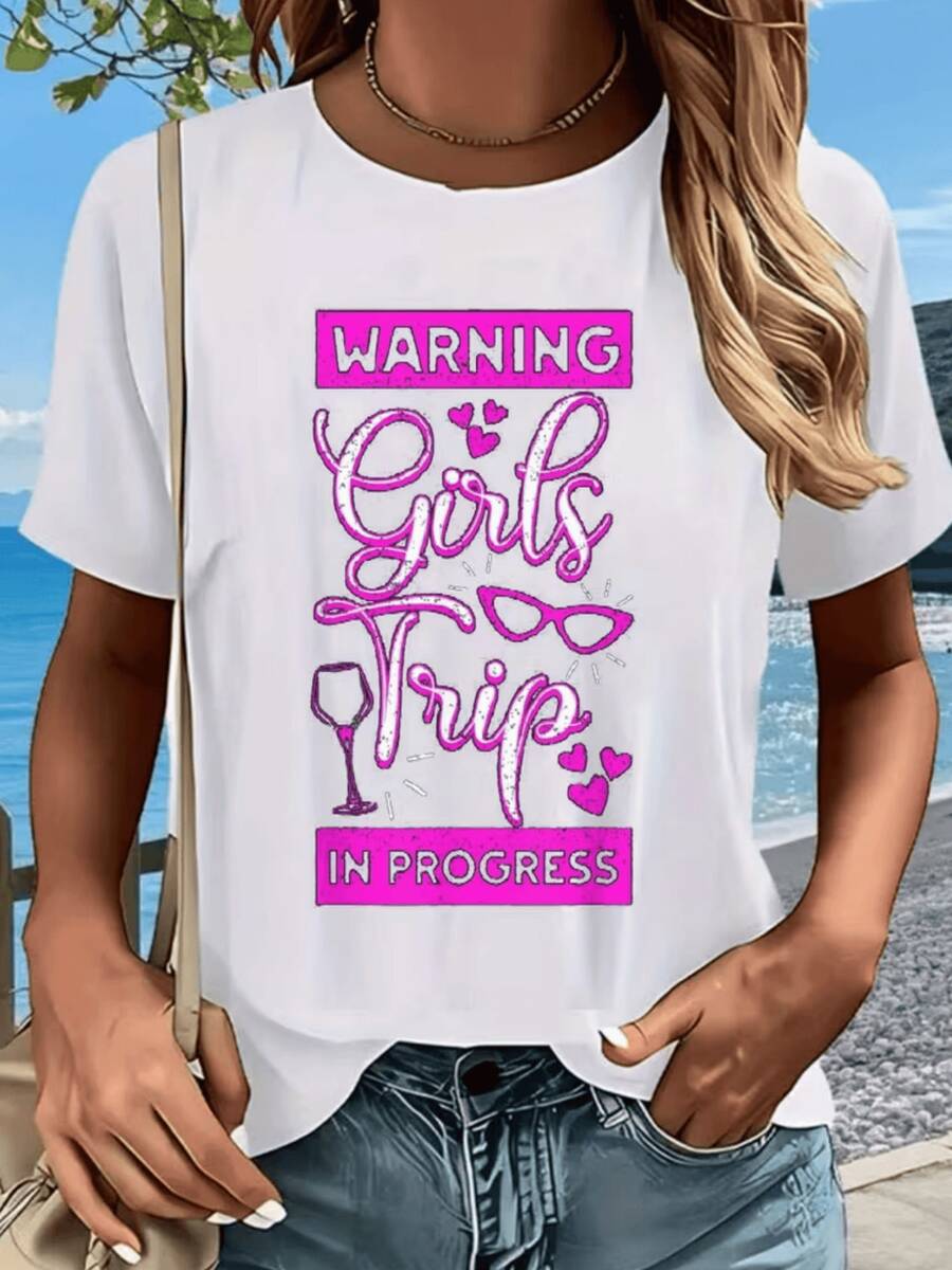 Warning Of A Fun Girls' Trip With Cups, Hearts, And Positive Energy, Ideal For Joyful Moments And Friendship. Casual Women's T-Shirt For Summer - 白色 - 查看 1