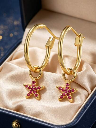 Women's Gold-Plated Hoop Earrings With Fully Paved Pink Starfish Pendant, Delicate Ocean-Inspired Dangle Design, Suitable For Daily Commute And Workwear, An Ideal Gift For Fashion Enthusiasts