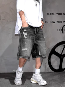 Pantalones cortos de mezclilla desgastados y lavados de moda callejera de verano para hombres - Gris Oscuro - Ver 3