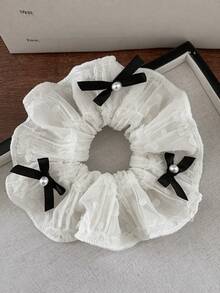 蕾丝珍珠蝴蝶结发圈，荷叶边蕾丝蝴蝶结发绳，法式浪漫优雅弹力发圈，适合女性、女孩、婚礼、派对、日常佩戴 - 彩色 - 查看 7