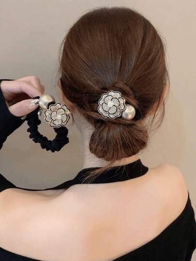Rhinestone Camellia Hair Scrunchie, Elegant Pearl Flower Elastic Hair Ties, Luxury Retro Hair Scrunchies, Suitable For Women, Girls, Brides, Work, And Daily Wear