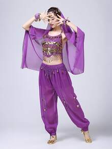 Belly Dance Costume: Gold Coin Spaghetti Strap Top + Harem Pants + Headscarf, Suitable For Performance, Halloween And Theme Parties (Multiple Colors Available) - Multicolor - View 8