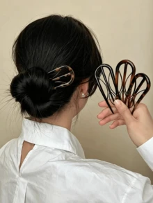 1/3件裝法式U型髮夾女用，醋酸纖維材質適合厚髮，復古玳瑁髮簪盤髮用，極簡優雅髮飾套組 - 彩色 - 查看 3