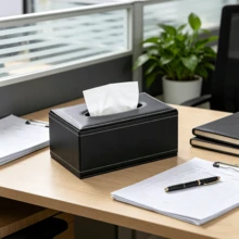 1pc Leather Tissue Box, Minimalist Leather Tissue Holder, Wear-Resistant And Scratch-Resistant For Home, Car, Living Room, Hotel/Office, Made Of PU Material, Minimalist Black Color With Contrast Stitching, Fits Regular Tissue Size, Smooth Opening Design - Black - View 2