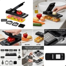 Picador de verduras multifuncional 14 en 1 con recipiente, cuchillas intercambiables, rebanador de verduras, rebanador de cebolla, triturador de ajo, rebanador de patatas, picador de zanahorias - Multicolor - Ver 7