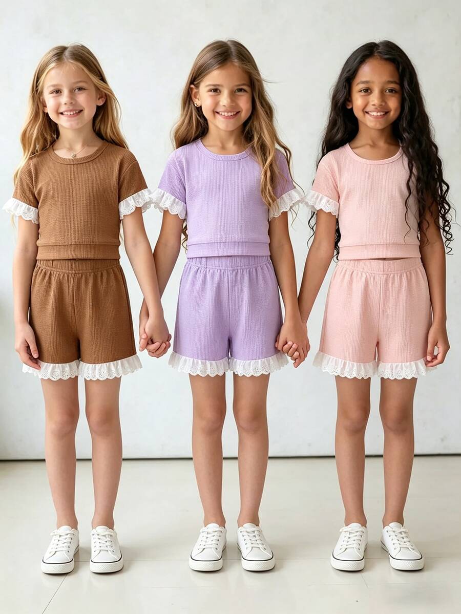3 Sets (6pcs) Girls Casual Solid Color Soft Comfortable Waffle Knit Fabric With Ruffle Short Sleeve Top And Shorts Set, Suitable For Outdoor Wear, Spring/Summer - Multicolor - View 1