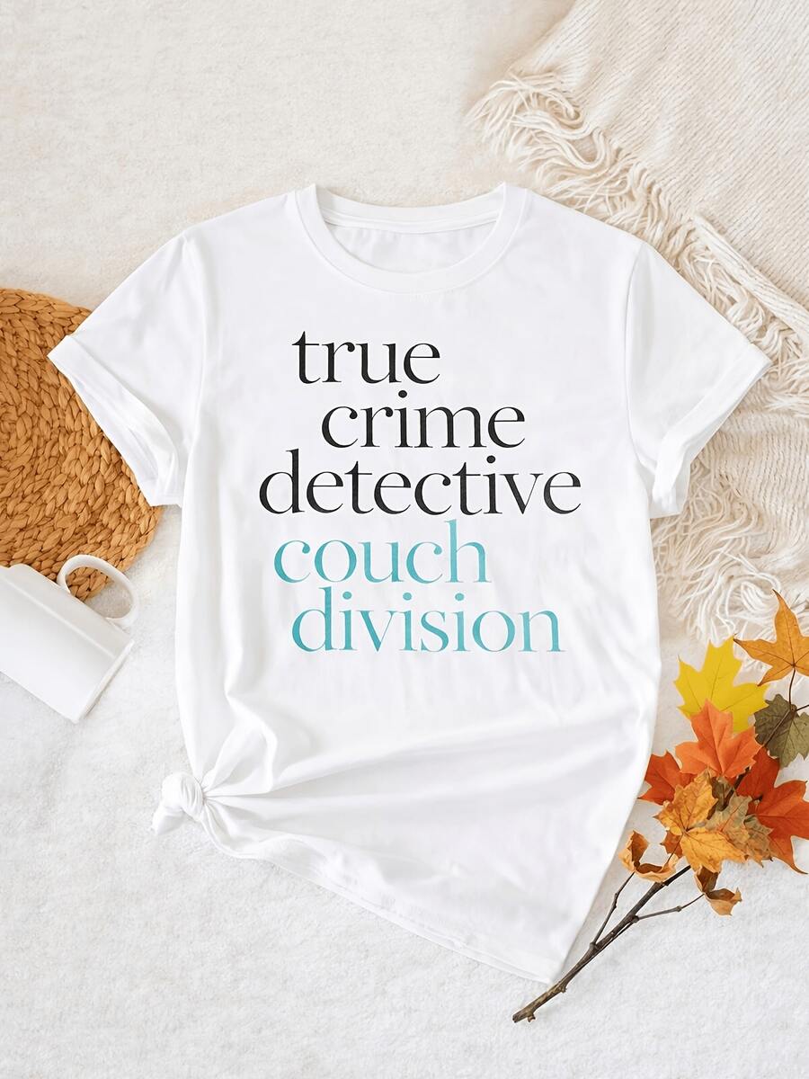 Camiseta de talla grande para mujer, inspirada en la serie de TV True Crime, con estampado de texto de la escena del crimen (frases de Columbo). Top casual de cuello redondo en gris y negro, camiseta holgada de manga corta, adecuada para fans de la serie de TV, lavable a máquina, con tela suave y transpirable. - Blanco - Ver 1