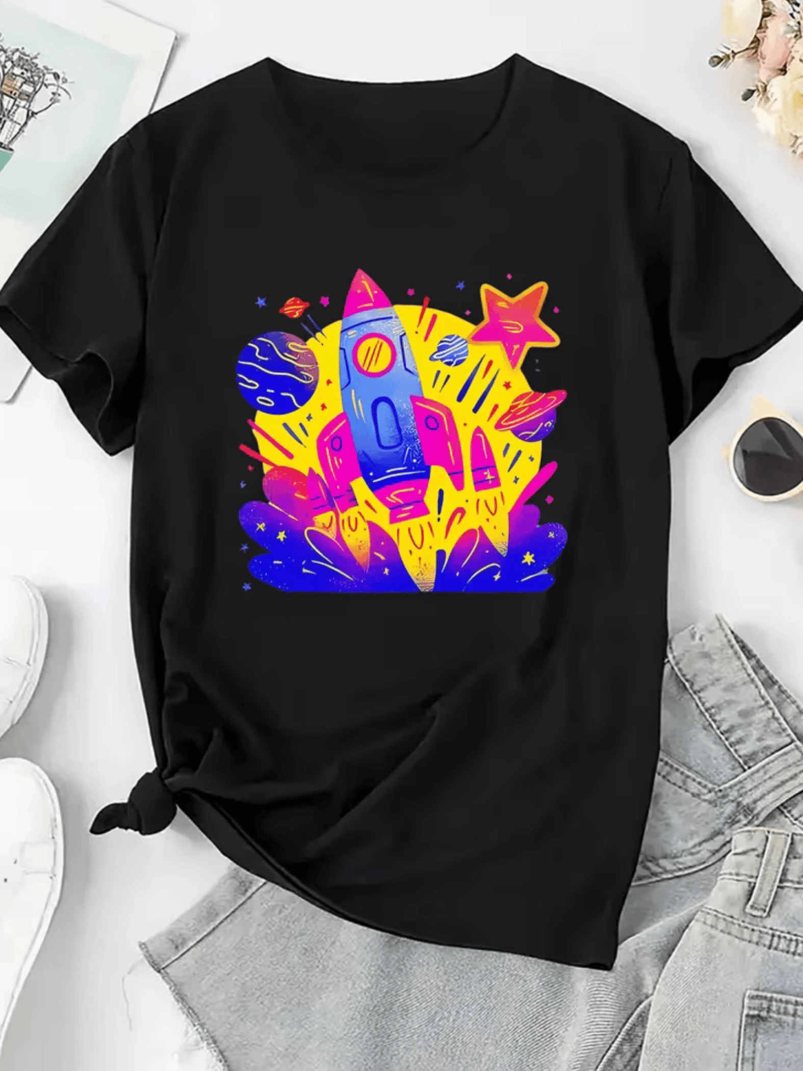 Colorful Rocket Soaring Through The Universe With Bright Stars And Planets That Evoke The Energy Of Dreams And Space Exploration. Comfortable, Modern, Casual Women's T-Shirt For Everyday Wear. - 黑色 - 查看 1
