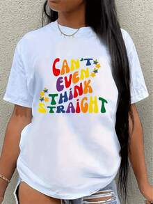 Colorful Phrase Promoting Diversity And Pride With Rainbow-Colored Lettering And Small Stars Symbolizing Inclusion And Freedom. Modern Casual Short-Sleeved Women's T-Shirt, Ideal For Pairing With Jeans. - White - View 8