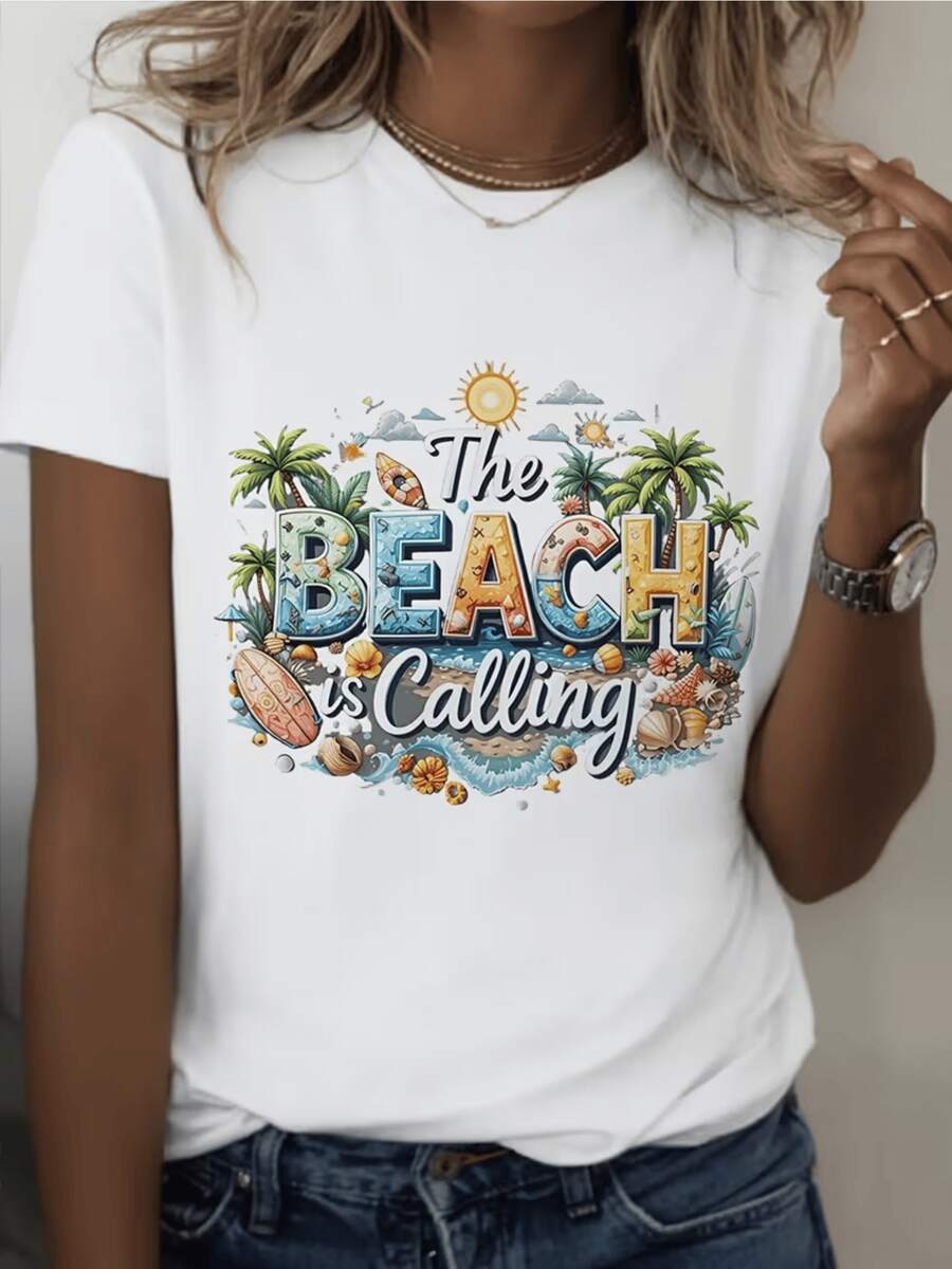 Seascape With Palm Trees, Bright Sun, Turquoise Waves With Seashells And Surfboards That Evoke The Relaxing Sound Of The Sea And The Desire For Vacation. Casual Youthful Women's T-Shirt - 白色 - 查看 1