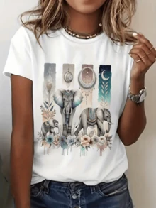 Elefantes sagrados adornados con flores y luna creciente que evocan armonía espiritual y conexión con la naturaleza camiseta de mujer casual moderna cómoda y elegante - Blanco - Ver 8