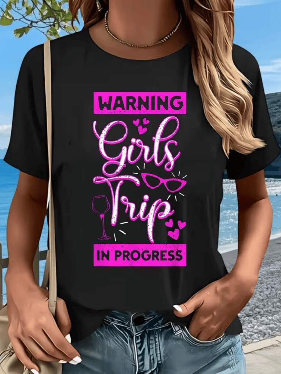 Advertencia de un divertido viaje de chicas con copas corazones y energía positiva ideal para momentos alegres y de amistad camiseta de mujer casual para verano - Negro - Ver 1
