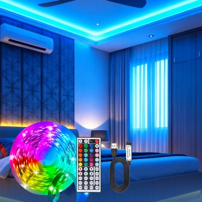 شريط إضاءة LED RGB 3535 بريموت كنترول 44 مفتاح، لاصق مرن سهل التركيب، أضواء LED متعددة الألوان لغرفة النوم والحفلات وديكور المنزل