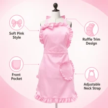 1pc Cute Pink Ruffled Apron With Bow Tie And Ruffle Hem, Adjustable Neck Tie Apron With Heart-Shaped Pocket, Suitable For Women's Kitchen Cooking And Baking - Pink - View 2