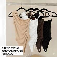 Women's Bodysuit, Spandex, Pleated, One-Shoulder, Gathered, Double Lining, Elegant, Modern, Sophisticated, Spring Casual Sensual Party - 白色 - 查看 3