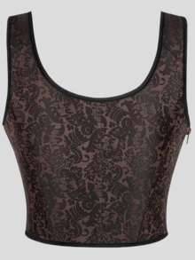 Áo camisole corset jacquard vintage, khóa kéo bên hông, dây buộc, định hình xương cá, phong cách gothic quyến rũ cho Halloween/tiệc - Cà phê nâu - Xem 3