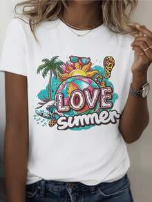 Radiant Sun With Sunglasses On A Beach Ball Surrounded By Palm Trees, Water And Waves Conveys Summer Joy And Free Spirit; Comfortable And Modern Casual Women's T-Shirt - 白色 - 查看 1