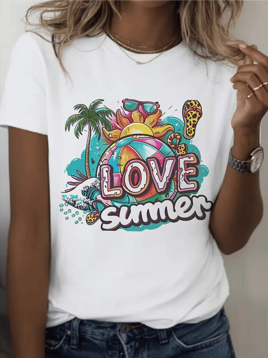 Radiant Sun With Sunglasses On A Beach Ball Surrounded By Palm Trees, Water And Waves Conveys Summer Joy And Free Spirit; Comfortable And Modern Casual Women's T-Shirt - 白色 - 查看 1