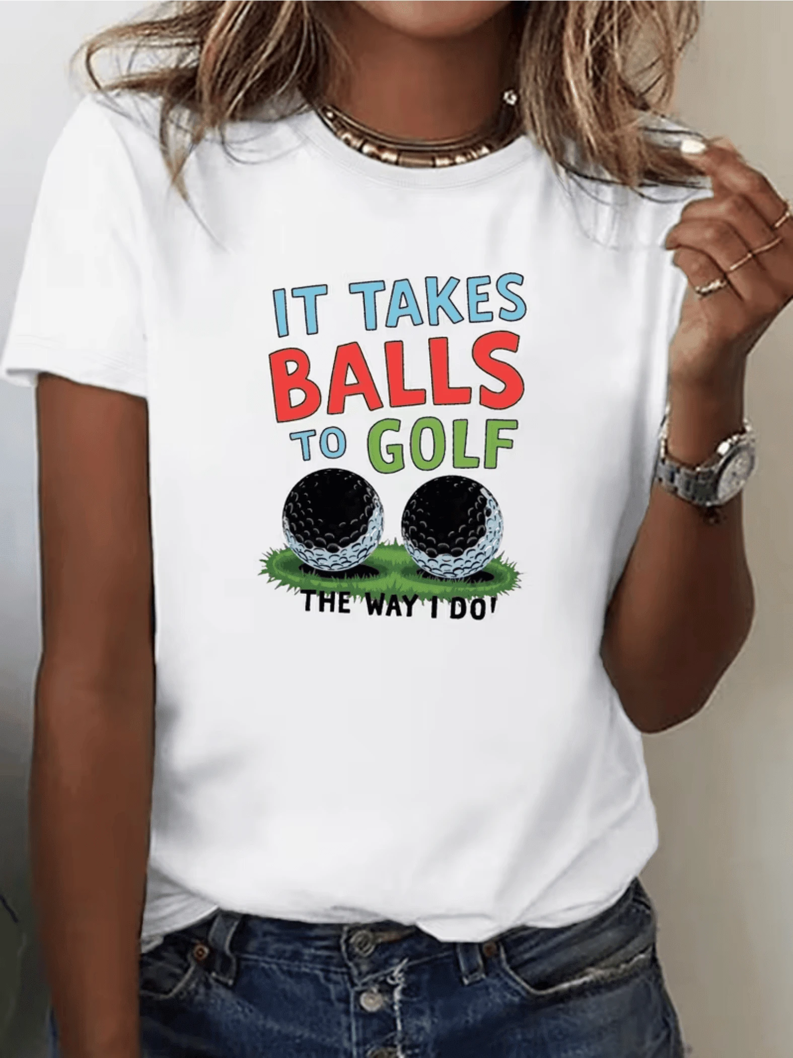Dos pelotas de golf sobre césped con frase divertida que expresa pasión y humor por el deporte camiseta de mujer casual cómoda para uso diario молодёжная - Blanco - Ver 1