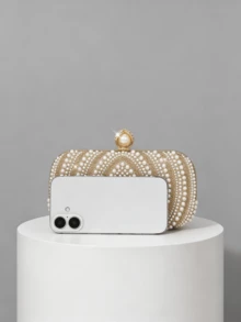 Elegant Gold Spiral Pearl & Rhinestone Decorated Evening Clutch Bag With Detachable Chain Strap - Gold - View 5