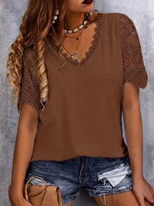 Plus Size Women V-Neck Short Sleeve Lace Patchwork T-Shirt, Summer Casual - Caramel Color - View 1