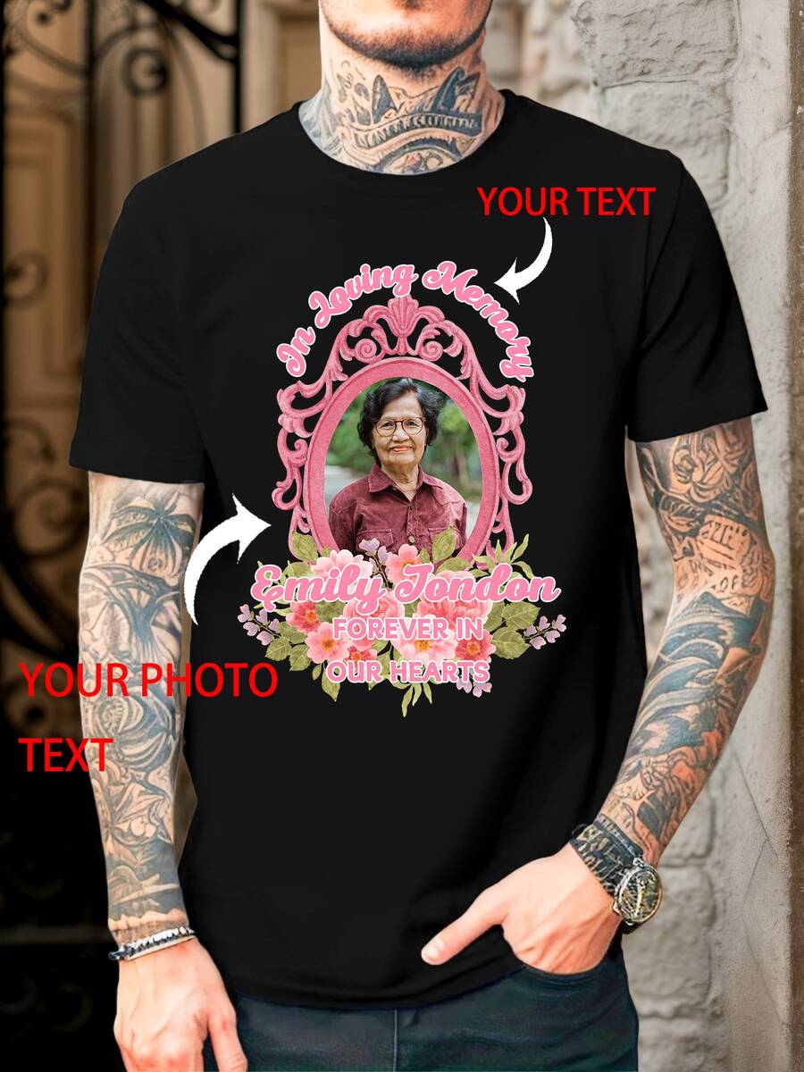 Kaos Kasual Longgar Leher Bulat yang Dapat Disesuaikan untuk Pria - Tambahkan Foto Anda - Rancang Kaos Grafis Pribadi Anda Sendiri, Foto yang Dapat Diganti untuk Olahraga - Hitam - View 1
