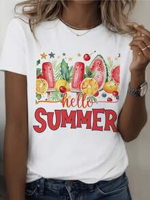 Colorful Fruits Alongside Red Lollipops Convey Summer Joy And Freshness, Reminiscent Of Sunny Days And Happy Moments. This Casual Women's T-Shirt Is Perfect For Warm Weather And Pairs Well With Jeans. - 白色 - 查看 8